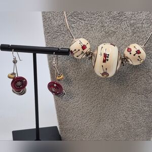ITALIAN Hand Painted 3 Beaded Necklace and Earring Set. Vintage 925 ITALY Whimsy